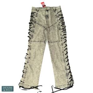 Hair Galleria Black Acid Wash Lace Up Side Straight Leg Jeans Y2K Punk Goth NEW